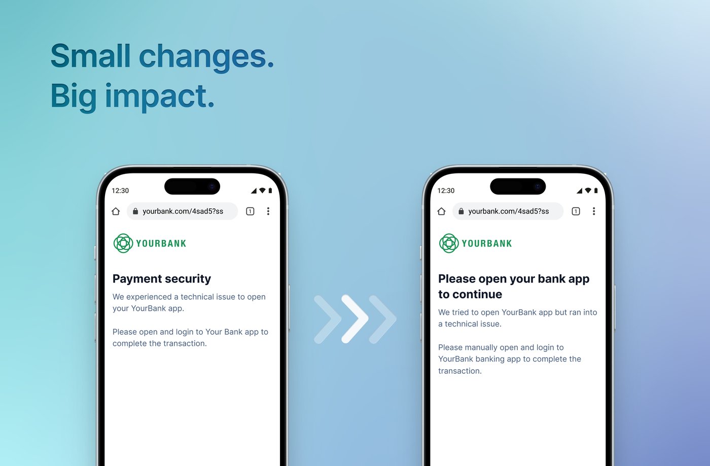 Before and after versions of the same YourBank error screen. Before: a "Payment security" heading over a vague technical message. After: the heading says "Please open your bank app to continue", with the explanation underneath.