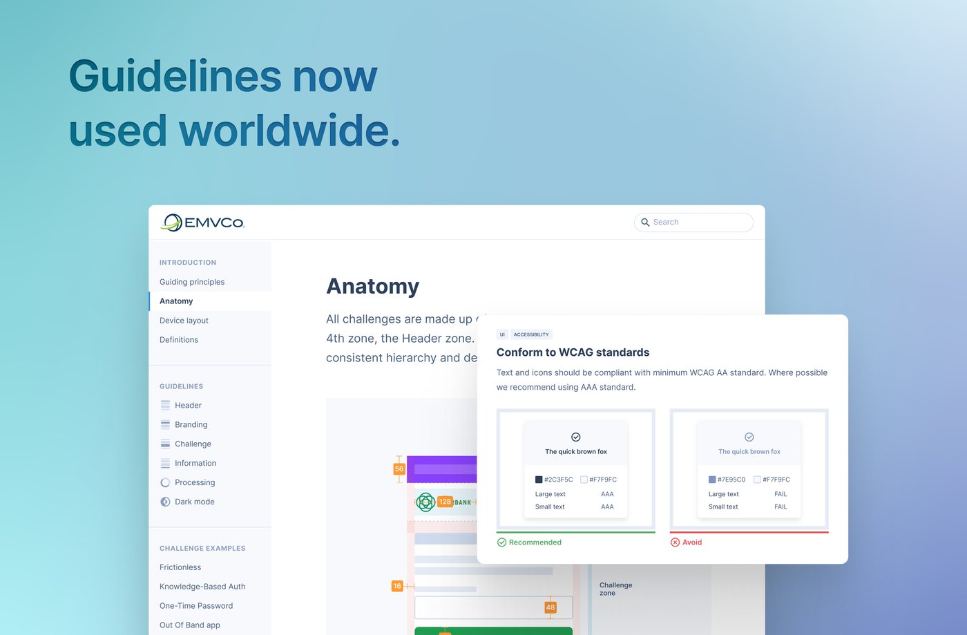 The EMVCo guidelines site showing challenge anatomy and a WCAG accessibility checklist.