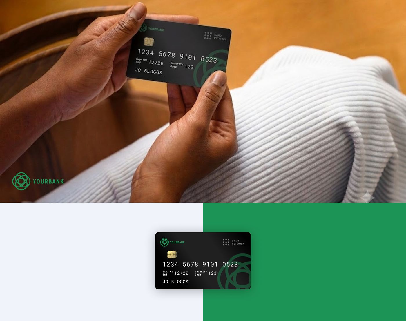 Hands holding a bank card for YourBank, a fictional bank created for the research.