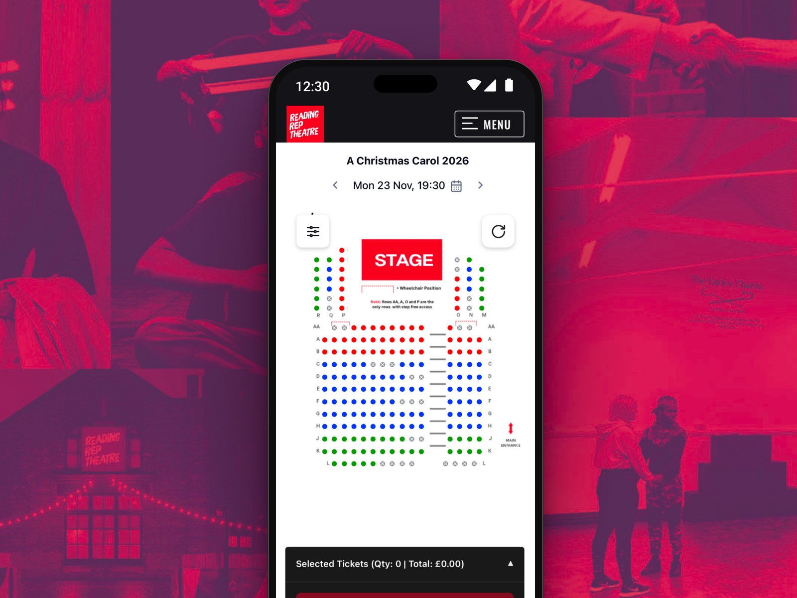 Reading Rep Theatre seat map on a phone, over the theatre's brand imagery.
